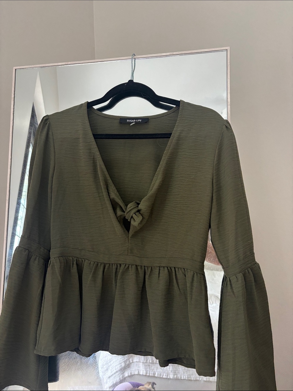 Sugarlips Olive Knot-Front Peplum Long Sleeve Dress